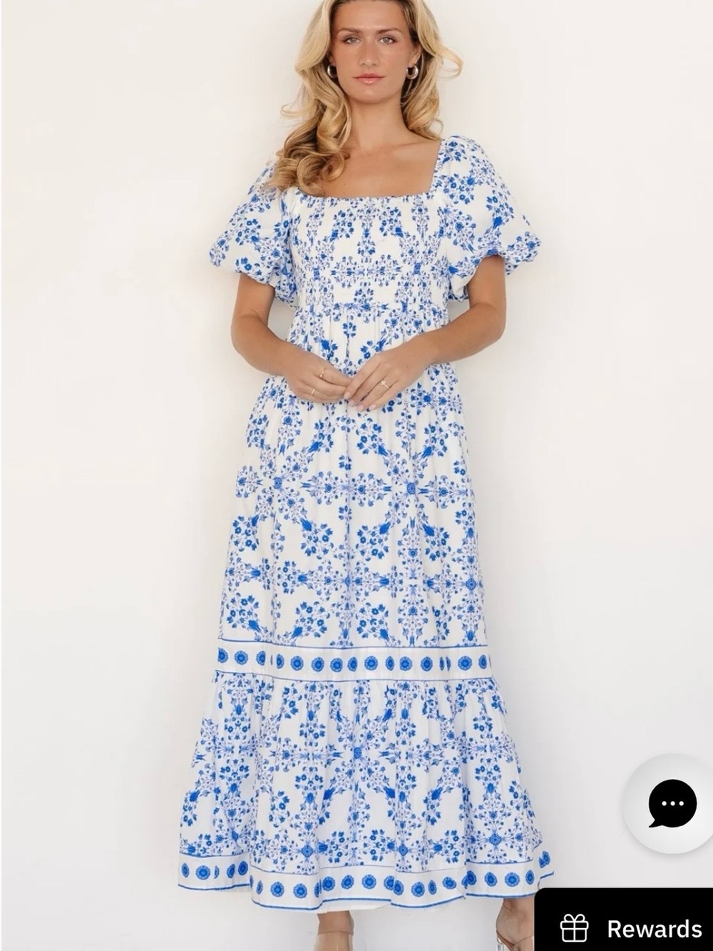 Baltic Born White and Blue Floral Puff-Sleeve Maxi Dress